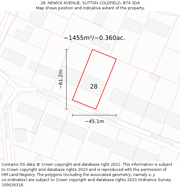 28, NEWICK AVENUE, SUTTON COLDFIELD, B74 3DA: Plot and title map