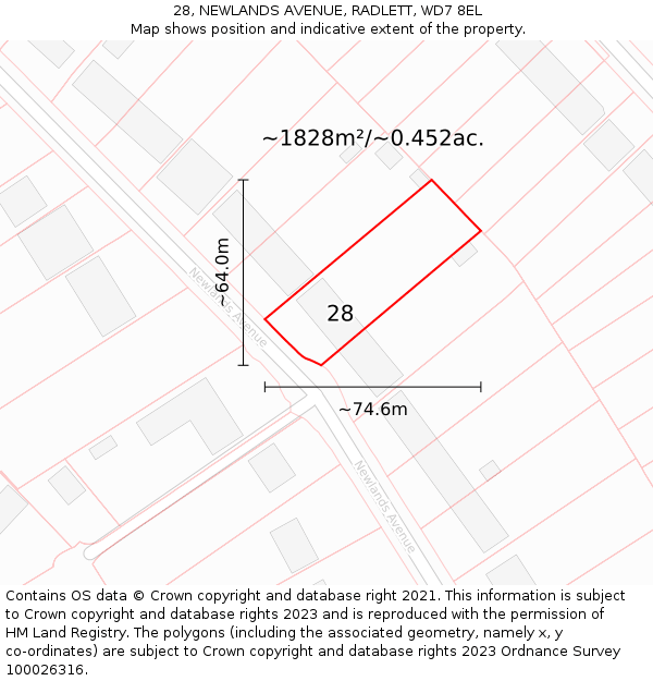 28, NEWLANDS AVENUE, RADLETT, WD7 8EL: Plot and title map