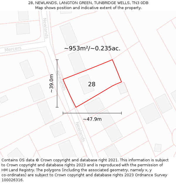 28, NEWLANDS, LANGTON GREEN, TUNBRIDGE WELLS, TN3 0DB: Plot and title map