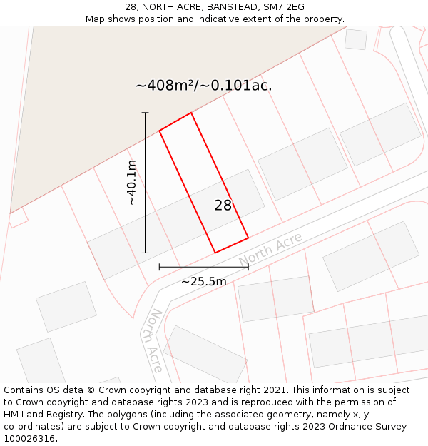 28, NORTH ACRE, BANSTEAD, SM7 2EG: Plot and title map