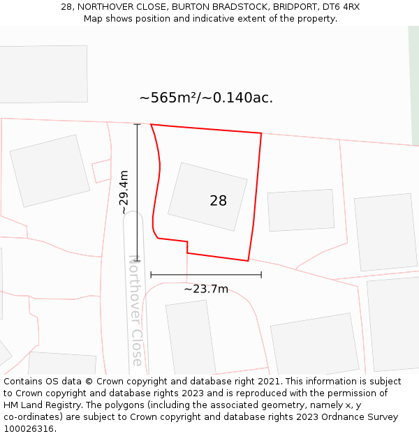 28, NORTHOVER CLOSE, BURTON BRADSTOCK, BRIDPORT, DT6 4RX: Plot and title map