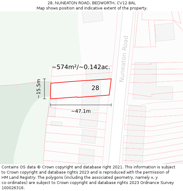 28, NUNEATON ROAD, BEDWORTH, CV12 8AL: Plot and title map