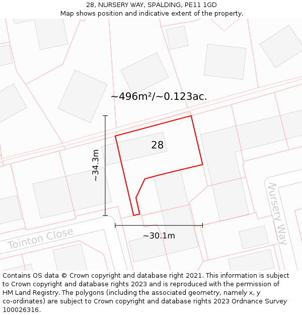 28, NURSERY WAY, SPALDING, PE11 1GD: Plot and title map