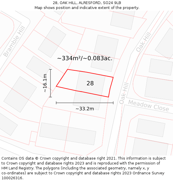 28, OAK HILL, ALRESFORD, SO24 9LB: Plot and title map