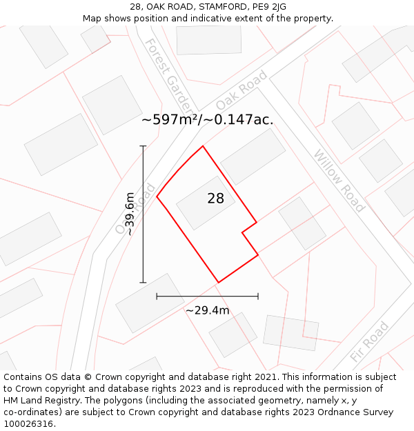 28, OAK ROAD, STAMFORD, PE9 2JG: Plot and title map