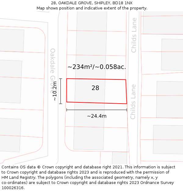 28, OAKDALE GROVE, SHIPLEY, BD18 1NX: Plot and title map