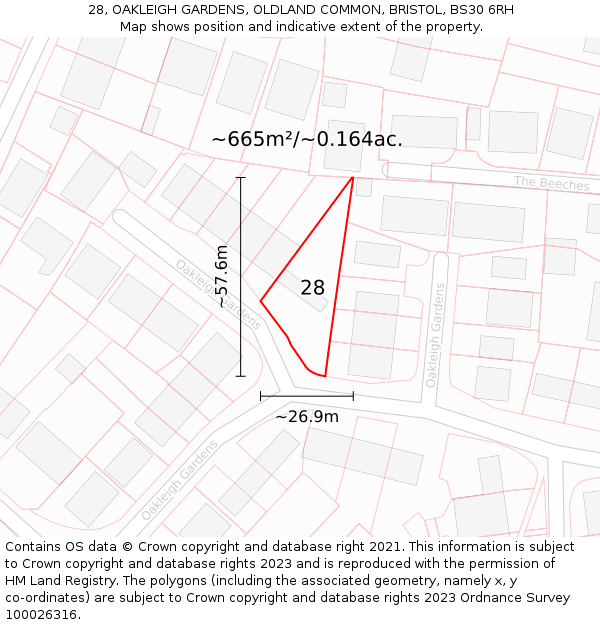 28, OAKLEIGH GARDENS, OLDLAND COMMON, BRISTOL, BS30 6RH: Plot and title map