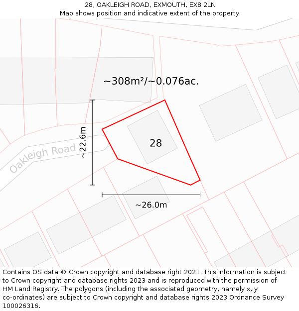 28, OAKLEIGH ROAD, EXMOUTH, EX8 2LN: Plot and title map