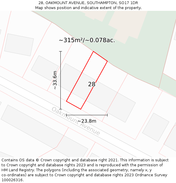 28, OAKMOUNT AVENUE, SOUTHAMPTON, SO17 1DR: Plot and title map