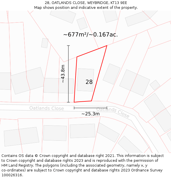 28, OATLANDS CLOSE, WEYBRIDGE, KT13 9EE: Plot and title map