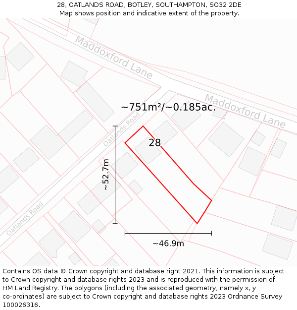 28, OATLANDS ROAD, BOTLEY, SOUTHAMPTON, SO32 2DE: Plot and title map