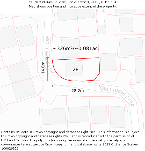 28, OLD CHAPEL CLOSE, LONG RISTON, HULL, HU11 5LA: Plot and title map