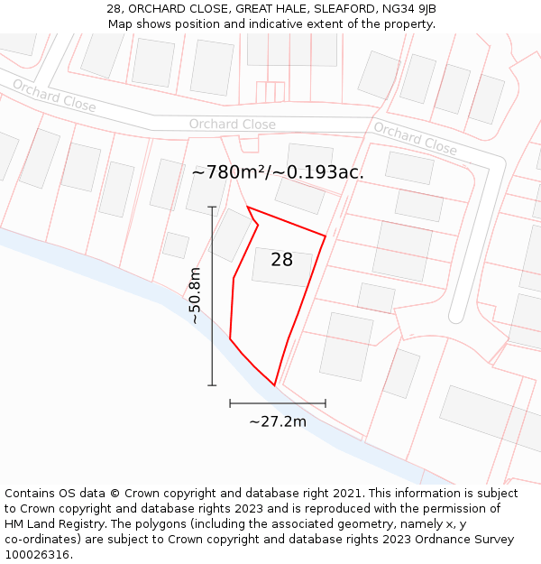 28, ORCHARD CLOSE, GREAT HALE, SLEAFORD, NG34 9JB: Plot and title map