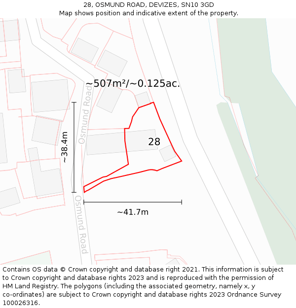 28, OSMUND ROAD, DEVIZES, SN10 3GD: Plot and title map