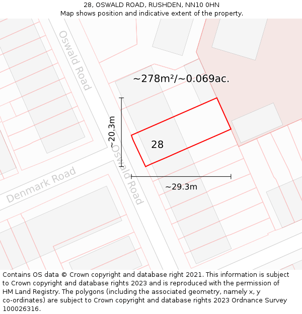 28, OSWALD ROAD, RUSHDEN, NN10 0HN: Plot and title map