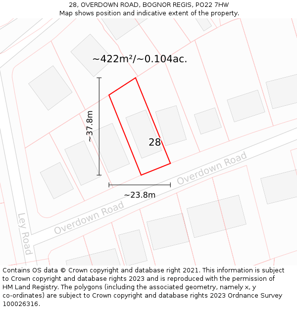 28, OVERDOWN ROAD, BOGNOR REGIS, PO22 7HW: Plot and title map