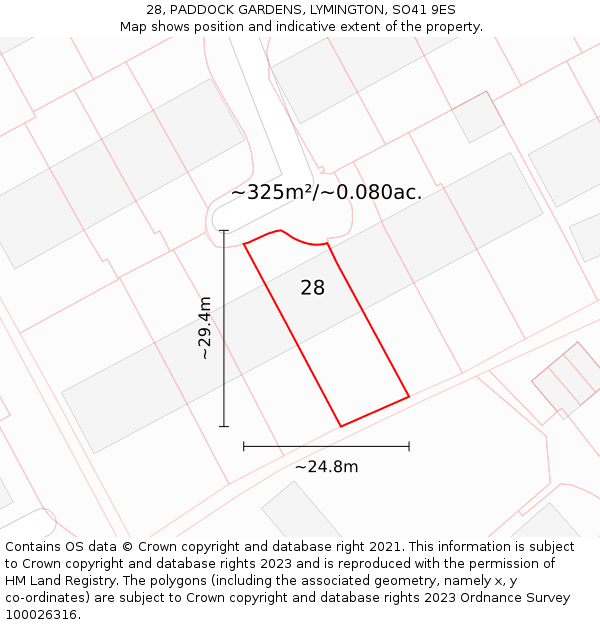 28, PADDOCK GARDENS, LYMINGTON, SO41 9ES: Plot and title map