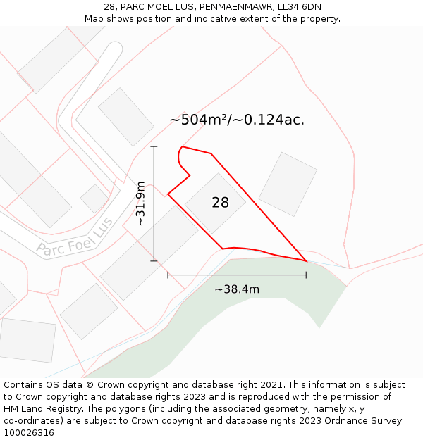 28, PARC MOEL LUS, PENMAENMAWR, LL34 6DN: Plot and title map