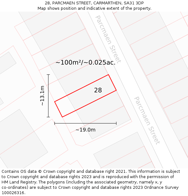 28, PARCMAEN STREET, CARMARTHEN, SA31 3DP: Plot and title map