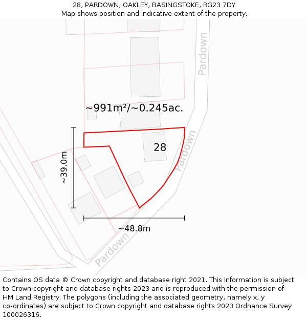 28, PARDOWN, OAKLEY, BASINGSTOKE, RG23 7DY: Plot and title map