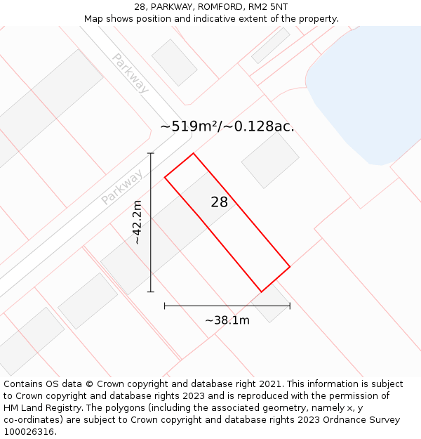 28, PARKWAY, ROMFORD, RM2 5NT: Plot and title map