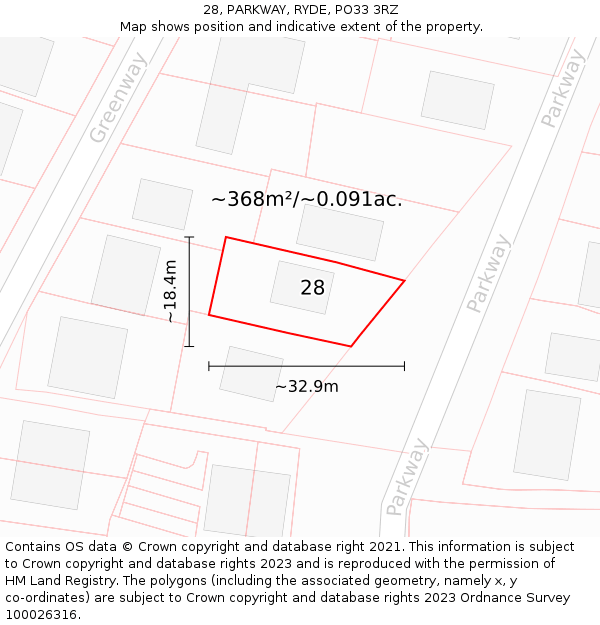28, PARKWAY, RYDE, PO33 3RZ: Plot and title map
