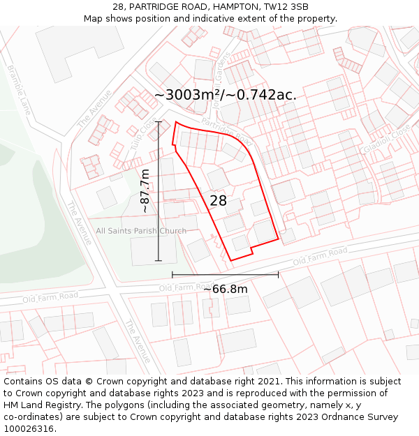 28, PARTRIDGE ROAD, HAMPTON, TW12 3SB: Plot and title map