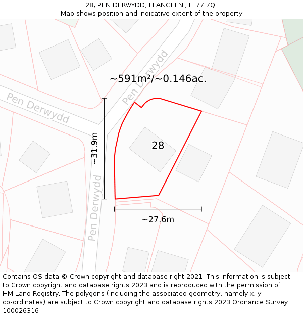 28, PEN DERWYDD, LLANGEFNI, LL77 7QE: Plot and title map