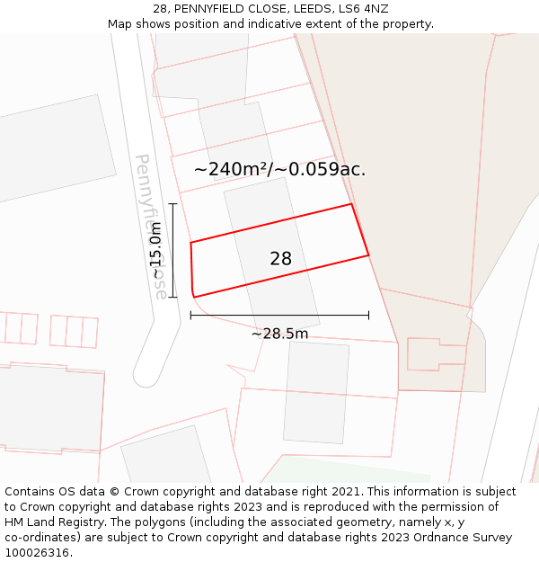 28, PENNYFIELD CLOSE, LEEDS, LS6 4NZ: Plot and title map