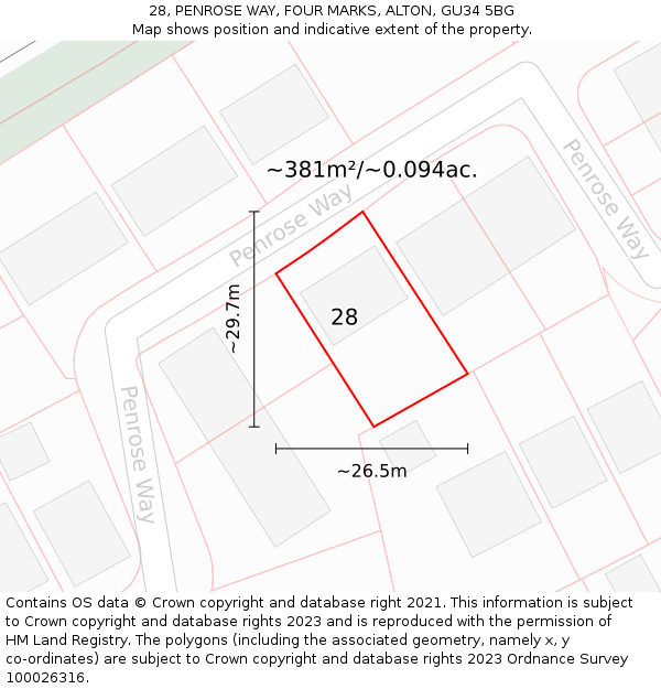 28, PENROSE WAY, FOUR MARKS, ALTON, GU34 5BG: Plot and title map