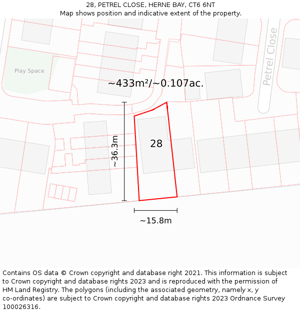 28, PETREL CLOSE, HERNE BAY, CT6 6NT: Plot and title map