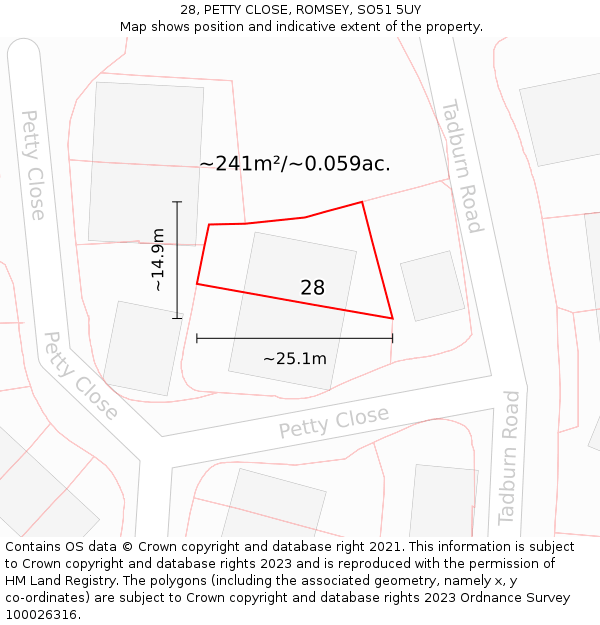28, PETTY CLOSE, ROMSEY, SO51 5UY: Plot and title map