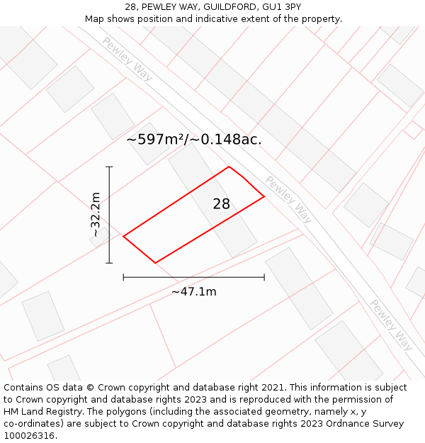 28, PEWLEY WAY, GUILDFORD, GU1 3PY: Plot and title map