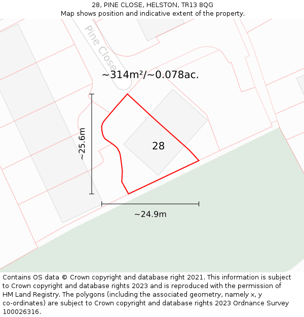 28, PINE CLOSE, HELSTON, TR13 8QG: Plot and title map
