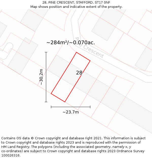 28, PINE CRESCENT, STAFFORD, ST17 0NF: Plot and title map