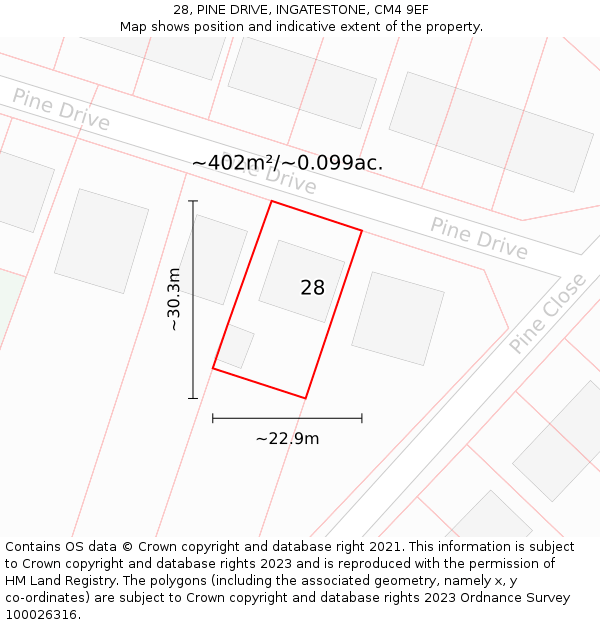 28, PINE DRIVE, INGATESTONE, CM4 9EF: Plot and title map