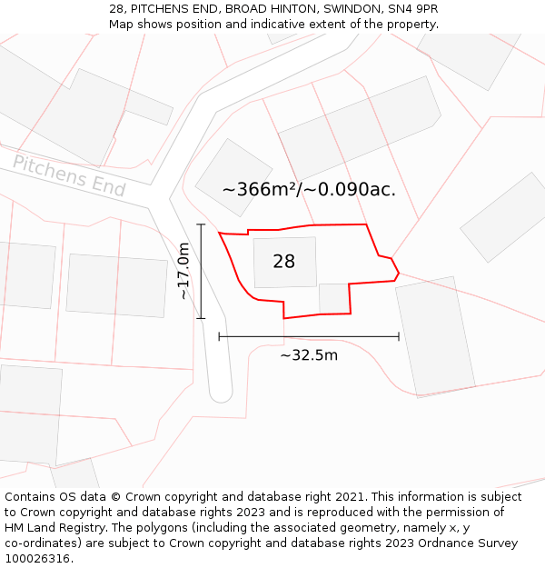 28, PITCHENS END, BROAD HINTON, SWINDON, SN4 9PR: Plot and title map