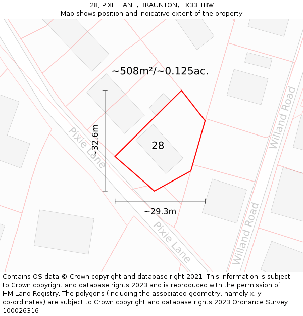 28, PIXIE LANE, BRAUNTON, EX33 1BW: Plot and title map