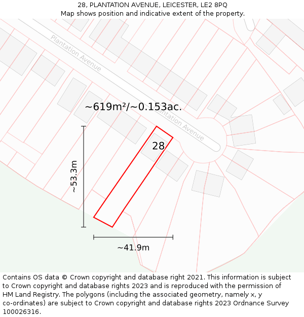 28, PLANTATION AVENUE, LEICESTER, LE2 8PQ: Plot and title map