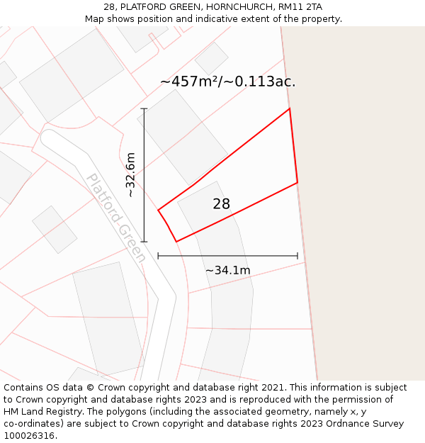 28, PLATFORD GREEN, HORNCHURCH, RM11 2TA: Plot and title map