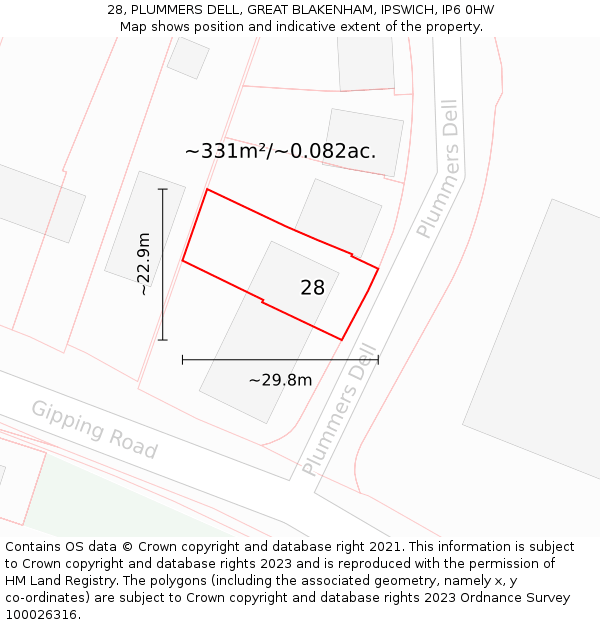 28, PLUMMERS DELL, GREAT BLAKENHAM, IPSWICH, IP6 0HW: Plot and title map