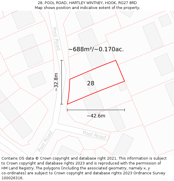 28, POOL ROAD, HARTLEY WINTNEY, HOOK, RG27 8RD: Plot and title map