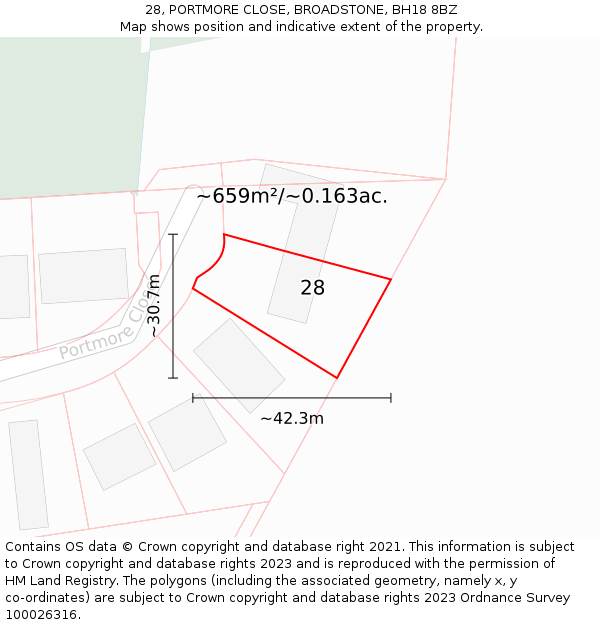 28, PORTMORE CLOSE, BROADSTONE, BH18 8BZ: Plot and title map