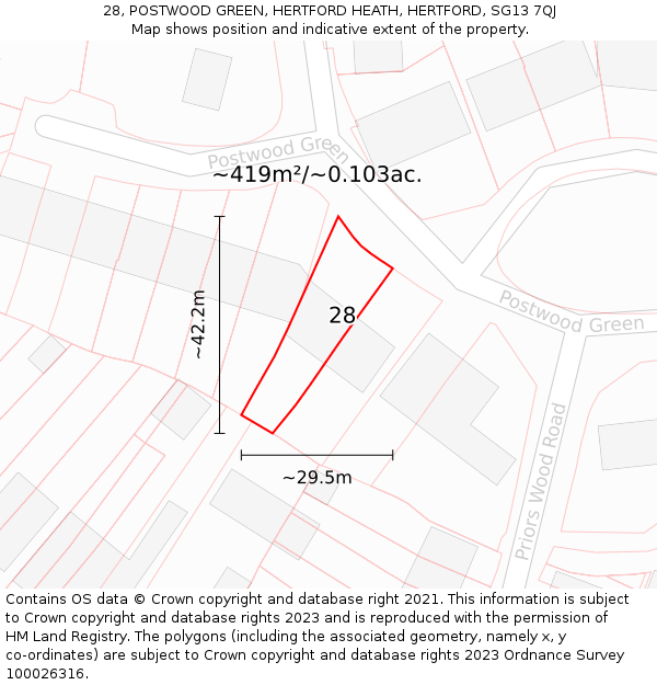 28, POSTWOOD GREEN, HERTFORD HEATH, HERTFORD, SG13 7QJ: Plot and title map