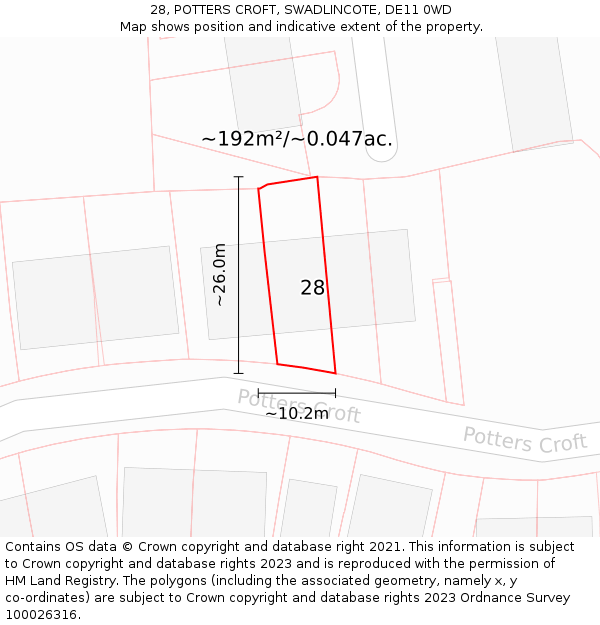 28, POTTERS CROFT, SWADLINCOTE, DE11 0WD: Plot and title map