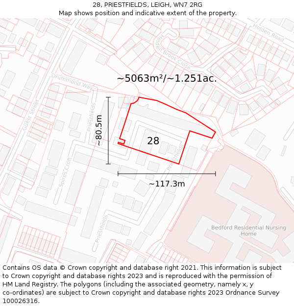 28, PRIESTFIELDS, LEIGH, WN7 2RG: Plot and title map