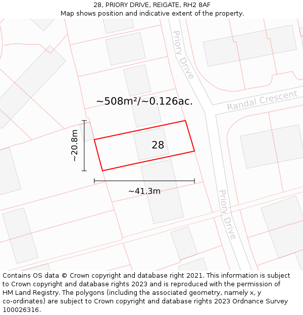 28, PRIORY DRIVE, REIGATE, RH2 8AF: Plot and title map