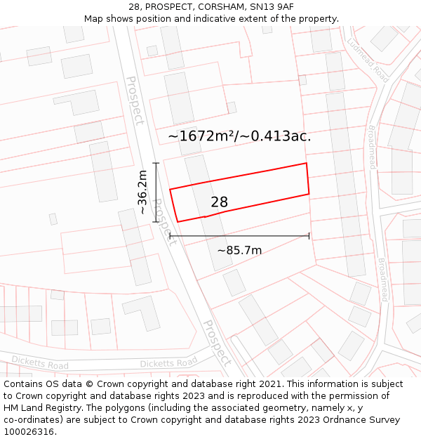 28, PROSPECT, CORSHAM, SN13 9AF: Plot and title map