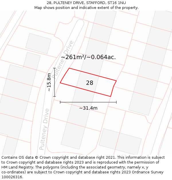 28, PULTENEY DRIVE, STAFFORD, ST16 1NU: Plot and title map