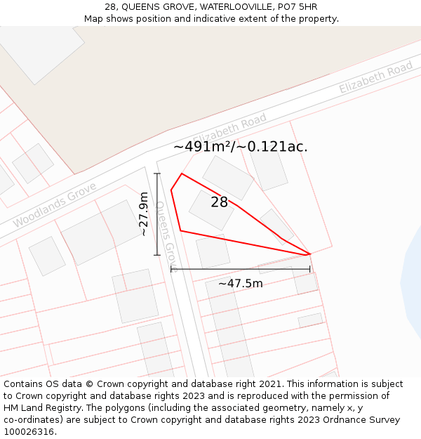 28, QUEENS GROVE, WATERLOOVILLE, PO7 5HR: Plot and title map